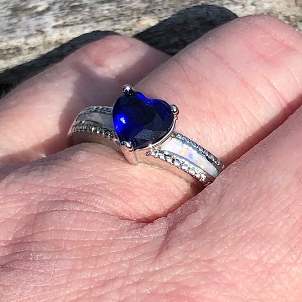 - Sapphire Heart White Fire Opal Ring SZ 7.5! NEW!